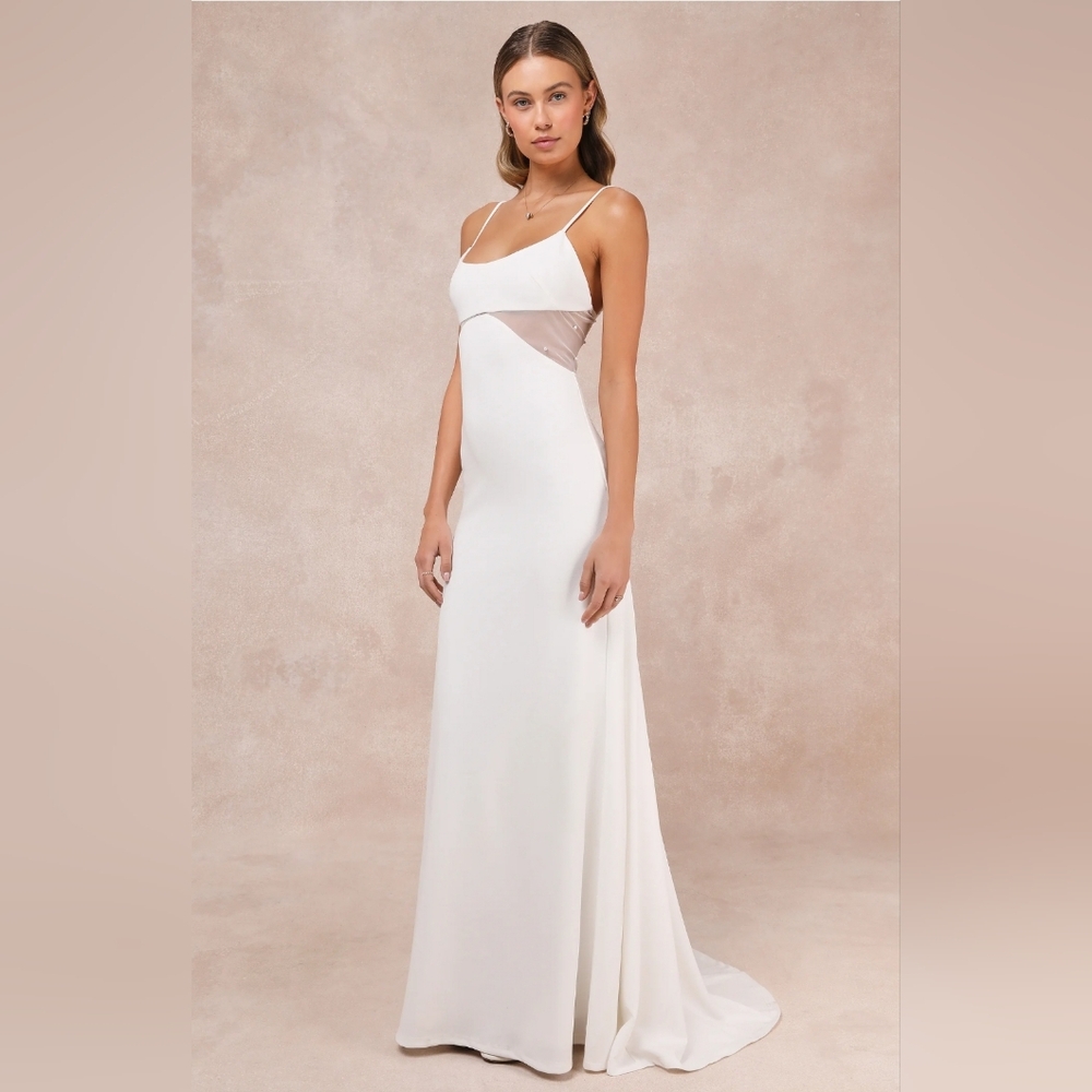 White Spaghetti-Strap Sheath Dress with Mesh Side Detail